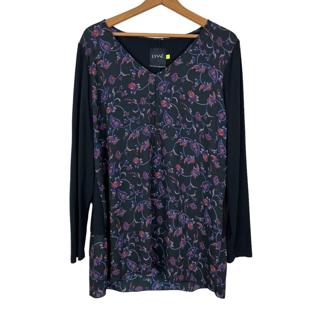 Lysse Tunic Top Womens Large Black Floral Sheer Mixed Media Long Sleeve V-Neck L